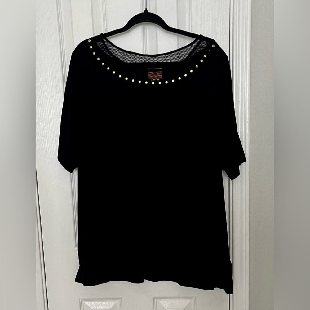 RUBY ROAD, WOMENS, PLUS SIZE, TEE, BLACK / gold studs, size 1X